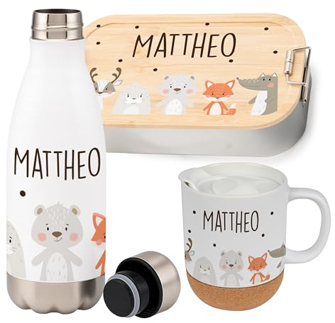 Kidsmood - Personalisiertes Schulset Kinder – Brotdose Edelstahl mit Bambusdeckel, Trinkflasche & Tasse mit Namen – Geschenk zur Einschulung Mädchen Jungen