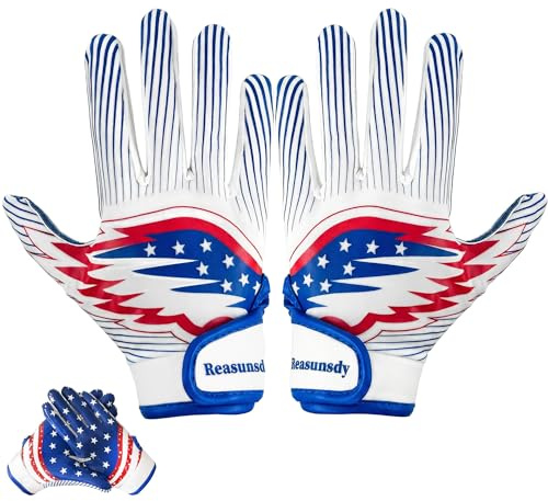 Reasunsdy Sticky Receiver Kids Football Gloves for Youth Boys 8-12 Game Training Youth Flag Football Gloves with Silicone Sticky and Anti-Loss Snap Blue White M/L