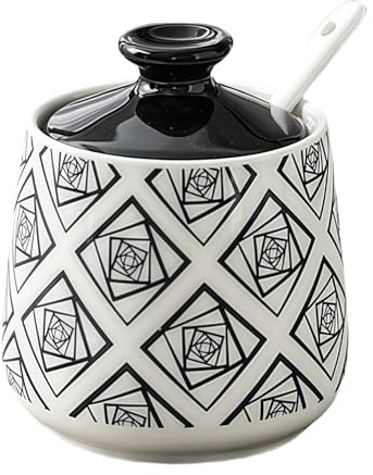 Dowbom Zuckerdose mit Deckel und Löffel, 300 ml, Vorratsdose für Zucker, Zuckerdose, Zuckerdose (Weiß und Schwarz-B)