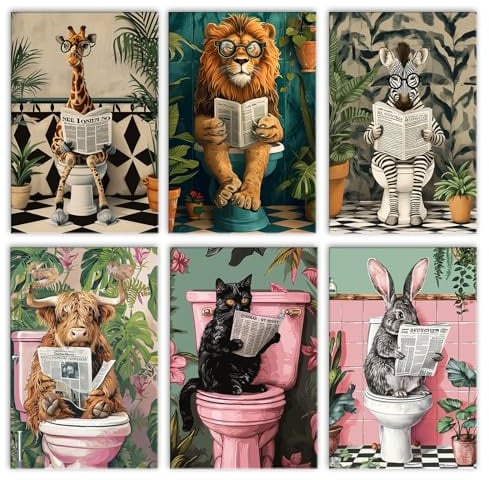 Tucocoo Malen nach Zahlen für Erwachsene, niedliche Giraffe, lustige Tiere auf Toilette, DIY-Ölgemälde-Kits auf Leinwand und Acrylpigment, 6 Packungen Erwachsene Malen nach Zahlen für Geschenke
