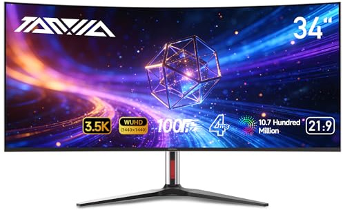 TANXJIA 34 Inch Curved Gaming Monitor with Speakers Built In, 3.5K Ultra-Wide(3440x1440) WUHD PC Monitors, 1.07B Colors Computer Screen, 100Hz, 4Ms, FlickerFree, Tilt/Height Adjustable, DP/HDMI Port