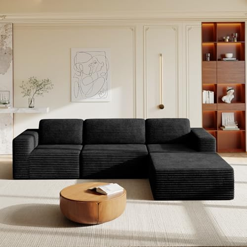 Vesgantti Modulares Cord-Ecksofa in Schwarz, 303 cm L-Form mit Schlaffunktion, Federkern und extra tiefer Sitzfläche, Flexibles Design mit beweglichem Fußhocker, kein Aufbau nötig