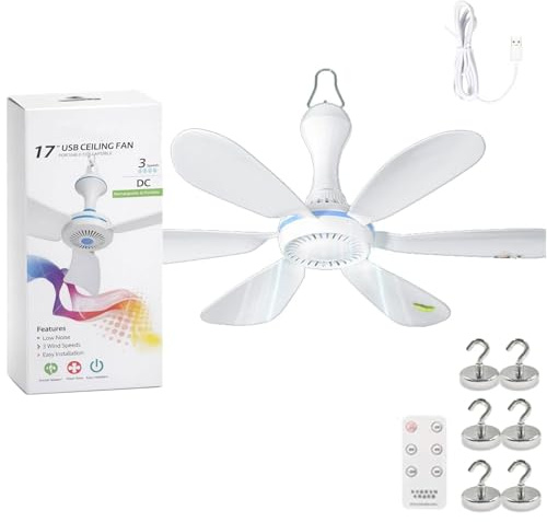 Collapsible Ceiling Fan with 6 Magnetic Hooks, 6 Leaves USB Mini Small Ceiling Fan, Quiet Portable Ceiling Fans with Remote Control Timing, 4 Speed Hanging Fan for Tent, Camping, Bed & Dormitory