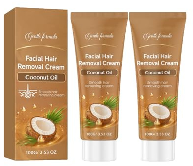 Gesichtshaarentfernungscreme mit Kokosnussöl für Frauen, Pflanzliche Kokosnussöl-Haarentfernungscreme, Schmerzfreie Haarentfernung, Sanft und Reizarm, Geeignet für Oberlippe Und Kinn (2PC)