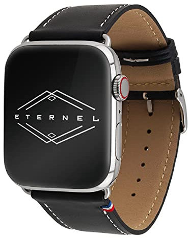 Eternel - Cinturino compatibile con Apple Watch Simple Tour nero 38/40/41/42mm adattatori acciaio inossidabile argento - Pelle di vacchetta fatta in Francia - Compatibile con tutti gli Apple Watch