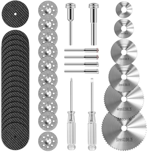 44pcs Cutting Wheel Set Compatible with Plastic for Rotary Tool, HSS Circular Saw Blades 6pcs, Resin Cutting Discs 20pcs, 545 Diamond Cutting Wheels 10psc with 2 Screwdrivers