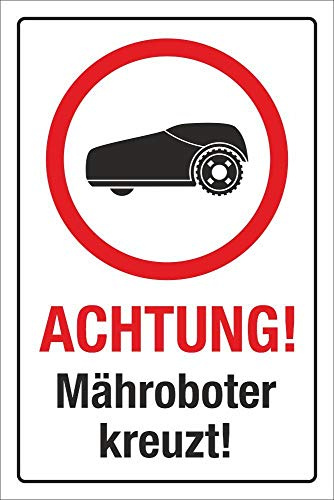 Schild Achtung Mähroboter Rasenroboter Rasenmäher 600 x 400 mm | 3 mm Alu-Verbund, wetterfester UV-Direktdruck, robust und langlebig, Made in Germany