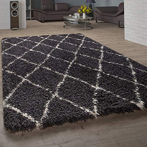 Paco Home Hochflor Teppich Wohnzimmer Shaggy Skandi Rauten Muster Kuscheliger Langflor, Grösse:80x150 cm, Farbe:Anthrazit
