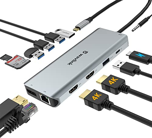 USB C Docking Station,WAVLINK 13 in 1 Multiport USB C Adapter Triple Display for MacOS and Windows,USB C Hub with 2 HDMI 4K, DisplayPort, 5 USB, 87W PD, Gigabit Ethernet,SD/TF Card Reader, XQAMEU
