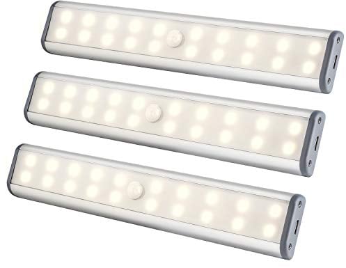 Under Cabinet Lighting 20 LEDs Closet Light, Motion Sensor Wireless Magnetic Rechargeable Under Counter Lighting, Battery Operated LED Night Light for Closet Cabinet Wardrobe, Warm White, 3Packs