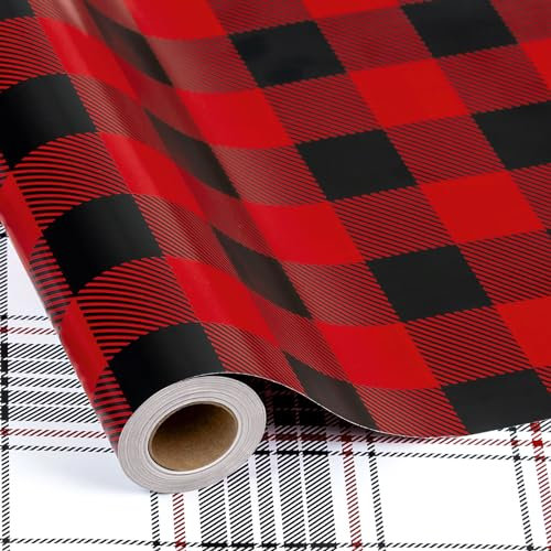 MAYPLUSS Rouleau de papier cadeau de Noël réversible – Mini rouleau – 43,2 cm x 10,0 m – Motifs écossais écossais rouge et noir (4,3 m²)