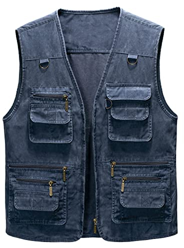 Oralidera Hombre Chaleco Tipo Safari Multibolsillos Chaleco Exterior de Algodón Chaleco de Pesca Fotografía Chaquetas sin Mangas de Trabajo Chaleco de Caza, Azul, XXL