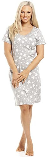 Camille Womens Grey & White Star Print Cotton Nightdress 10-12 Grey/White Star
