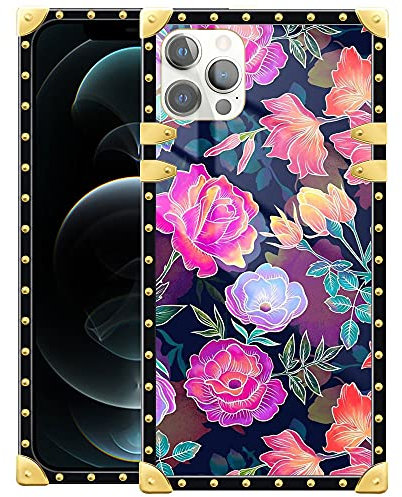 DAIZAG iPhone 12 Pro Max Case,Beautiful Flowers iPhone 12 Pro Max Cases for Girls Women,Square Retro Metal Corner Decoration Soft TPU Shockproof Cover Case iPhone 12 Pro Max 6.7-inch