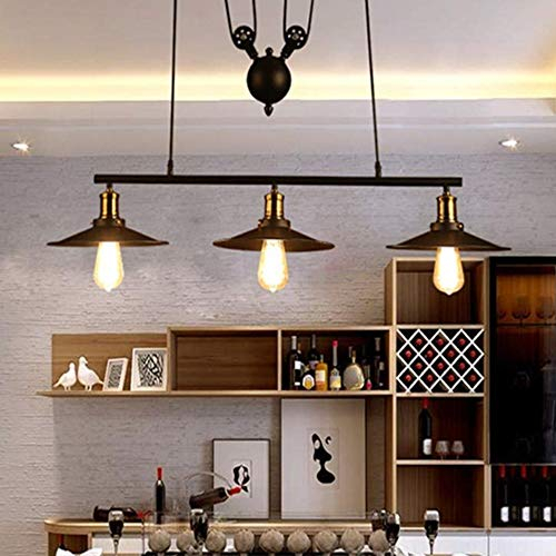 Vintage Industrielle Pendelleuchte Billard Kronleuchter E27 Pendellampe Aus Schwarzem Metall Riemenscheibe Rise And Fall Hängelampe Retro Deckenleuchte Für Esszimmer Loft Wohnzimmer Küche Café Foyer