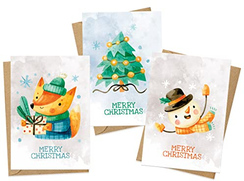 KOKO&LORA® Weihnachtliche Grußkarten im niedlichen Aquarell-Design für Groß- und Klein mit Fuchs & Schneemann