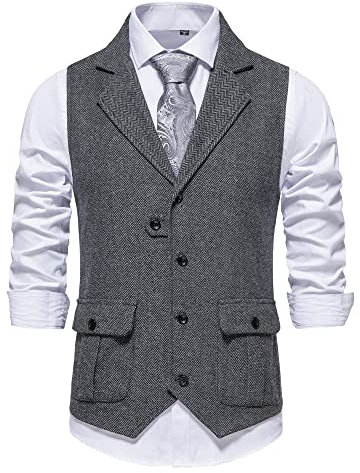 MakingDa Men's Tweed Suit Vest Formal Casual Classic V Neck Solid Color Sleeveless Vintage Herringbone Waistcoats with Pocket for Wedding Party Business 1920s Costume-Grey-M