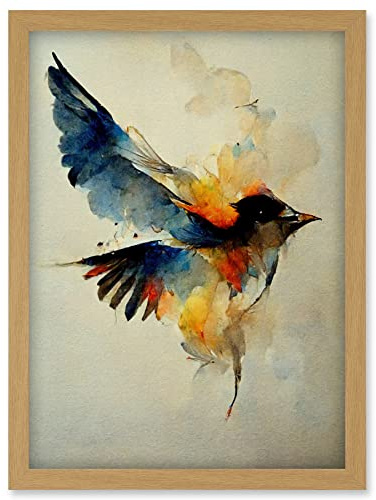 Doppelganger33 LTD Watercolour Paint Illustration Of Colourful Flying Bird Artwork Framed Wall Art Print A4