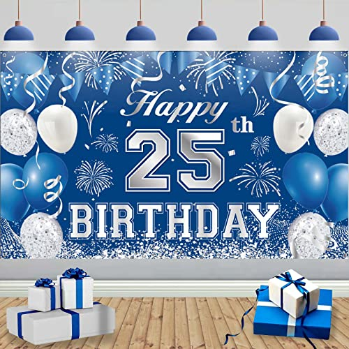 TUTUXMA 25. Geburtstag Banner Deko, 25. Blau Silber Große Hintergrund Geburtstagsbanner, 25. Geburtstag Stoff Schild Geburtstagsfeier Dekorationen Banner für 25. Mann Geburtstag Jubiläum Party Deko