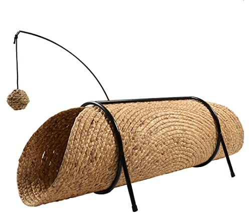 D&D Home, Tunnel de Jeu Reina pour Chats 80x36x25 cm Beige, en Jacinthe d'eau, Monture en métal Noir avec Embouts en Caoutchouc, Crochet avec Cloche en Jacinthe d'eau, Emballé à Plat