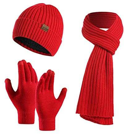 Mutze Schal Set Damen Rot, Winter Beanie Hut, Schal, Touchscreen Handschuhe 3 in 1 Warmes Zubehör Kit, Weiches Fleece Innenfutter Tolles Warm, Stretchy Strick Beanie Cap, Elastischer Nackenwärmer