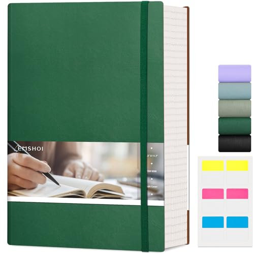 EMSHOI Taccuino a righe spesse, formato A4, 400 pagine, 100 g/m², a righe, grande, in pelle vegana, copertina morbida, per donne, uomini, lavoro, scuola, ufficio, scrittura (21,5 x 27,9 cm, verde