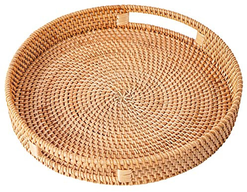 FIYAMMY 13 x 2.8 Inch Large Round Rattan Serving Tray, Woven Tray with Handles Serving Basket Wicker Fruit Bread Serving Basket for Coffee Table(13.8in x 2.8in)
