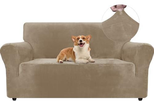 Ystyle Samt Sofabezug 2 Sitzer, Stretch Sofa Überzug, Sofaschoner rutschfest, Elastischer Couch Überzug, Sofa Cover Mit Armlehnen, Couchüberzüge Sofaschutz Katze Couch Überwurf, Kamel