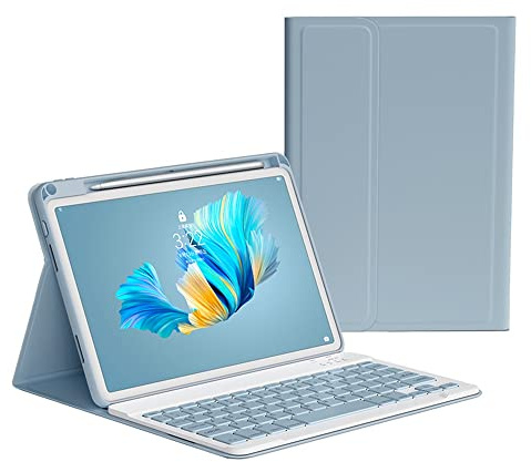 KMXDD Funda de teclado compatible con iPad Mini A17 Pro 2024, iPad Mini 7ª/6ª generación con teclado de color, teclado inalámbrico Bluetooth extraíble, azul niebla