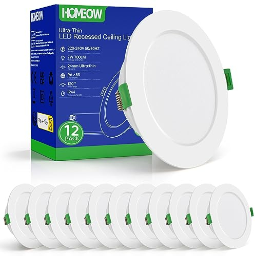 HOMEOW 12er Set Einbaustrahler 230V 7W, 700 Lumen LED Flach, Kaltweiß 6000K Spot, Durchmesser 118mm, Ausschnitt 95-110mm, IP44 Wasserdicht für Badezimmer Küche Wohnzimmer