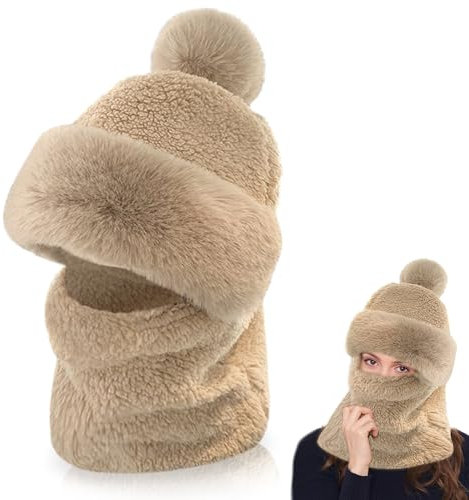 Aoreun 2 in 1 Frauen Flanell Schalmütze, Damen Winddichter Schal Wintermütze Strickmütze Warme Ohrschutz Winddicht Hut Mütze Kreis Schal Set für Damen Winddichte Mütze Kälteschutz Skimütze (Khaki)