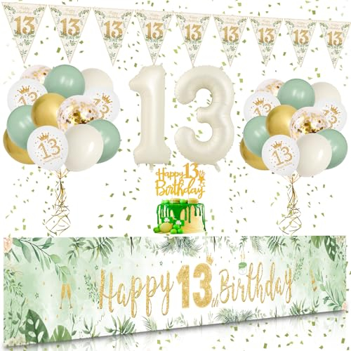 13 Geburtstag Deko, VICTERR Grün Gold Deko 13. Geburtstag Mädchen und Jungen Deko Set, Extra Lange Größe Happy 13th Birthday Banner Hintergrund 274×37cm, Girlande Wimpel Konfetti Luftballons