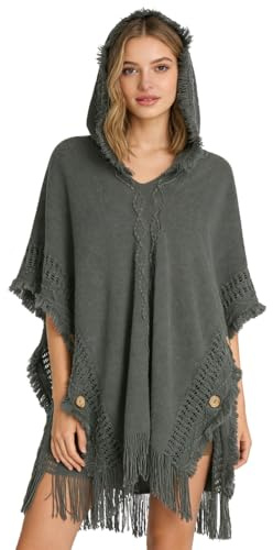 ITODA Poncho à Capuche avec Franges Poncho Châle Elégant Chaud Cape Hiver Tricote au Crochet Écharpe Femme Mode Foulard Ouvert Manteau à Capuchon Coupe-Vent Hiver Automne pour Femme