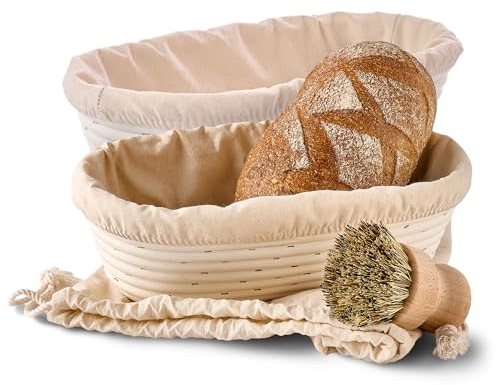 Gärkorb Oval 28cm 2erSet mit Bürste, Leinentuch & Brotbeutel - Brotkorb aus nachhaltigem Rattan - Zum Brotbacken - Brot Backen Zubehör