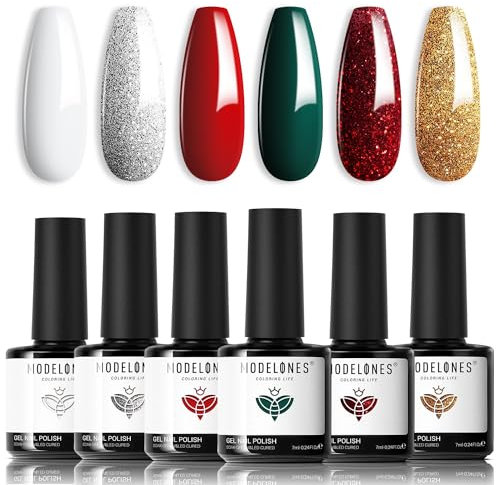 modelones UV Nagellack, Rot Glitzer Grün Weiß Shellac Gel Nagellack Set Winter 6 Farben Soak Off Gel Polish Nageldesigns,UV-LED Nagellack UV Gel Lack,Gellack Nagellack Nail Art Maniküre Salon