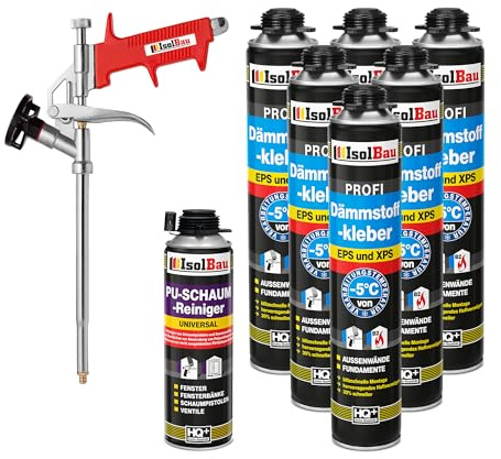 Isolbau B2 Dämmstoffkleber SET - 6 x 750 ml Perimeterkleber, 1 x PU-Schaum-Reiniger & 1x Schaumpistole für EPS & XPS-Platten - 1K PU-Klebeschaum für Fixieren & Befestigen