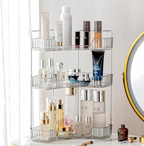 Bingobang Makeup Organiser Corner Trays, 3 Tiers Skincare Cosmetic Organizer Acrylic Large, Storage Tidy for Lipstick, Nail Care, Perfume, Brush, Vanity Dresser, Bedroom, Kitchen, Bathroom(Grey)