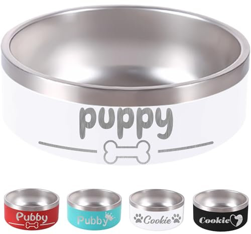 Gamelle personnalisée pour Chien et Chat avec nom 510/900/1190/1800 g, en Acier Inoxydable antidérapant, gravée au Laser, pour Nourriture ou Eau (Blanc)
