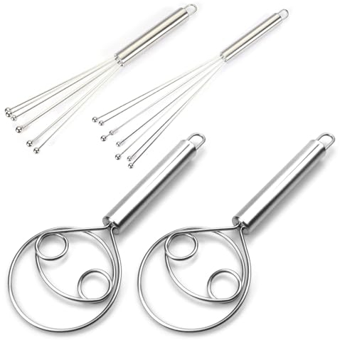 4 Pcs Bread Dough Whisk Set, Handheld Double Circle Flour Dough Mixer, 2 Stainless Steel Egg Beater with 2 Steel Ball Whisk for Bread, Batter, Cake, Pastry (Silver)
