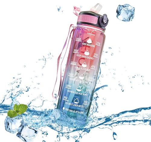 flowgoer Sport-Wasserflasche 1L Tritan BPA-frei | Auslaufsicher mit Strohhalm & Zeitmarkierung | Trageriemen, Fitnessstudio & Outdoor(Rosa und Blau)