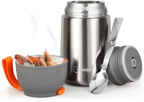 DUNSOO Thermobehälter für Essen 650ml | Wärmebehälter für Speisen Edelstahl mit Faltbaren Löffel | Thermo Lunchbox Ideal für die Aufbewahrung von Suppen, Brei, Eiscreme und Joghurt. (Grau)