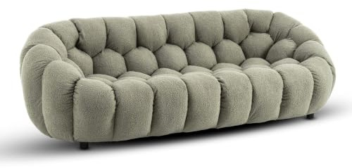 Lovesofas 3 Seater Sage Green Boucle Sofa – Modern Round Green Bubble Sofa for Living Room, Three Seater in Fluffy Sherpa/Teddy Fabric with Geometric Tufting
