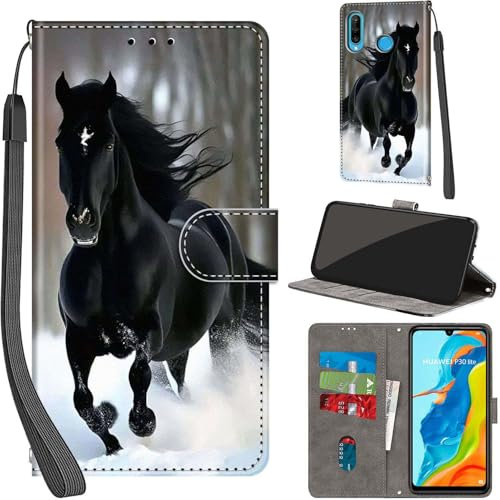 Huawei P30 Lite Premium PU Leather Flip Wallet Case with Card Slots Kickstand Magnetic Book Cover - Horse