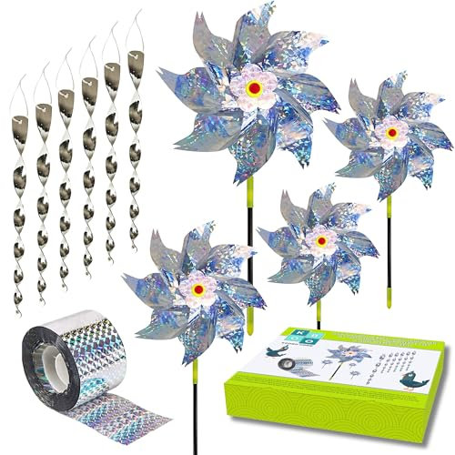 KOOBO Home Kit Anti-Pigeon 3-en-1 – Effaroucheur Oiseaux avec Moulin à Vent, Ruban Réfléchissant et Spirales – Répulsif Durable pour Balcon, Jardin et Terrasse