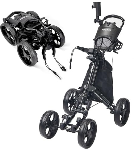 FLAGTAG Golf Push Cart 4 Wheels,Folding Golf Cart, Golf Pull cart with Cup Holder,Umbrella Holder,Cooler Bag, Foldable with one-Click,Handle Height Adjustable,Drink Holder,Walking Push cart