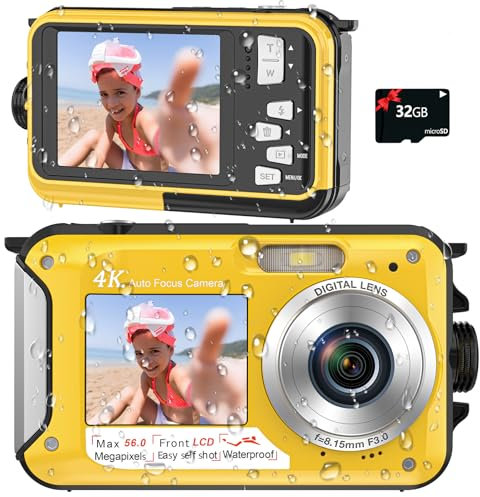 Digitalkamera, YISENCE Unterwasserkamera UHD 4K 56MP Autofocus Digitalkamera wasserdichte mit Einer 32GB Karte Selfie Doppelte Bildschirme wasserdichte Kamera zum Schnorcheln