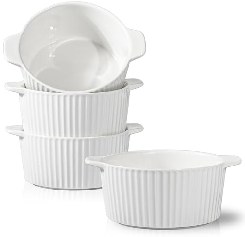 Taeochiy Suppenschalen mit Griffen, großes Servier-Suppenschüssel-Set, 794 ml, Keramik-Suppentöpfe für französische Zwiebelsuppe, Müsli, Chili, Eintopf, mikrowellen- und ofenfest, stapelbar, Weiß, 4