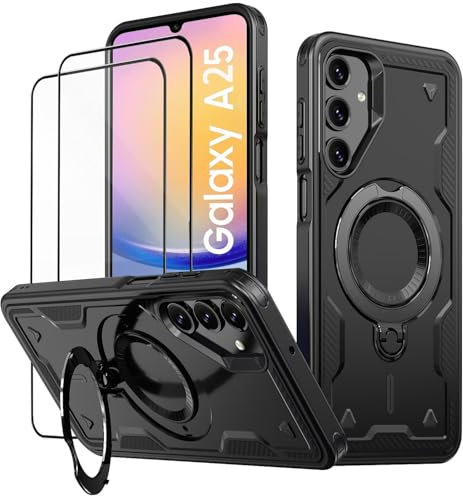 KANSi Cover per Samsung Galaxy A25 / A25 5G con Vetro Temperato*2, Custodia Protettiva per Smartphone con Anello Rotante - Antiurto Bumper Nero