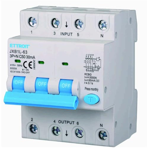 380V 50A C50, INTERRUTTORE MAGNETOTERMICO DIFFERENZIALE SALVAVITA, 3P+N, MONTAGGIO SU BARRA DIN, 4 MODULI, 30mA, 6KA 6000A, RCBO, 415VAC