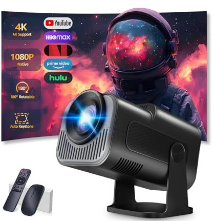 【App intégrée】 Vidéoprojecteur 1080P FHD, Mini Projecteur Video avec WiFi 6 Bluetooth 5.2, Portable Projecteur 4k Dual Contrôle avec Supporté 180° Rotation Android TV/USB/PC,avec HDMI et Souris,Noir